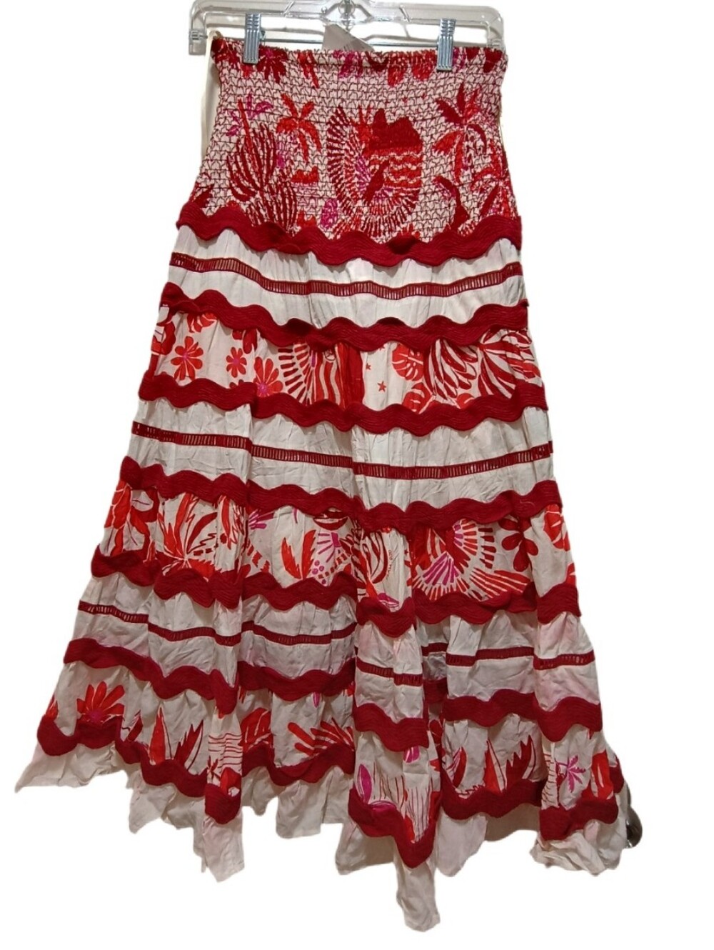 FARM Rio Red & White Smocked Tiered Maxi Skirt
